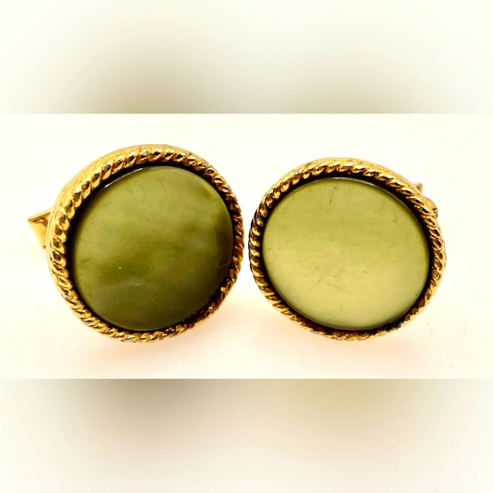 Vintage MCM Gold Tone Round Cufflinks Olive Green Moonglow Lucite